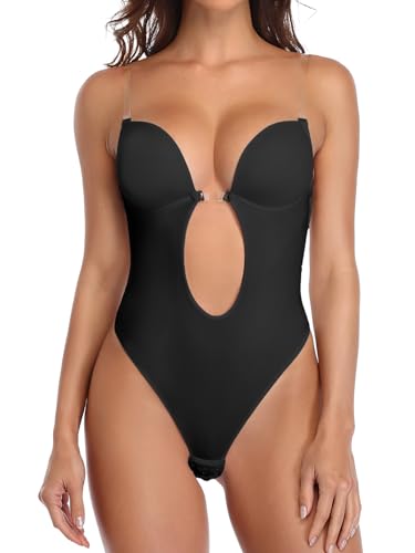 SHAPERIN Damen Rückenfreier Bodysuit Tiefer V-Ausschnitt Body Shaper Bauchweg Formender Body String Shapewear mit Push Up BH, Schwarz, L von SHAPERIN