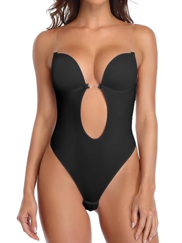 SHAPERIN Damen Rückenfreier Bodysuit Tiefer V-Ausschnitt Body Shaper Bauchweg Formender Body String Shapewear mit Push Up BH, Schwarz, S von SHAPERIN