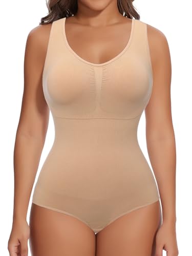 SHAPERIN Damen Shapewear Bodysuit Formbody Bauchweg Stark Body Shaper mit Push Up BH Formender Body, Biege, L von SHAPERIN