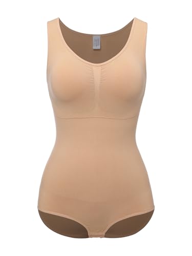 SHAPERIN Damen Shapewear Bodysuit Formbody Bauchweg Stark Body Shaper mit Push Up BH Formender Body, Biege, XL von SHAPERIN