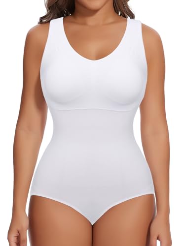 SHAPERIN Damen Shapewear Bodysuit Formbody Bauchweg Stark Body Shaper mit Push Up BH Formender Body, Weiß, L von SHAPERIN