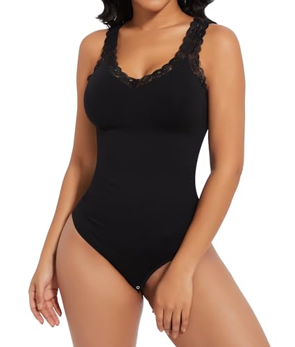 SHAPERIN Shapewear Bauchweg Body Damen Figurformender Spitze Body Shaper Tanga Stark Formend Lace Shapewear Bodysuit Nahtlose Taillenformer Schwarz XL von SHAPERIN