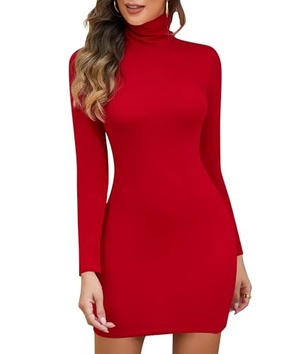 SHAPERIN Damen Strickkleid Rollkragen Langarm Elegant Pulloverkleid Eng Kleider Strickpullover Minikleid für Herbst Winter Rot M von SHAPERIN