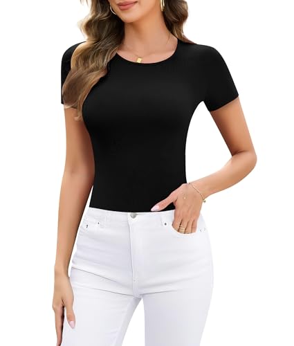 SHAPERIN Damen T-Shirt Basic Kurzarm Oberteil Sommer Eng Tshirt Casual Unterhemd Einfarbig Gerippt Tops Schwarz-Rundhals XL von SHAPERIN