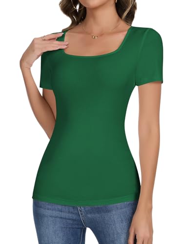 SHAPERIN Damen T-Shirts Kurzarm Gerippt Oberteil Eckiger Ausschnitt Figurbetonte Tshirt Einfarbig Basic Unterhemd Sommer Tops, Grün, L von SHAPERIN