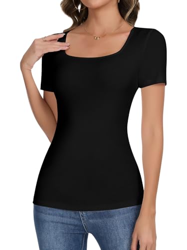 SHAPERIN Damen T-Shirts Kurzarm Gerippt Oberteil Eckiger Ausschnitt Figurbetonte Tshirt Einfarbig Basic Unterhemd Sommer Tops, Schwarz, XXL von SHAPERIN