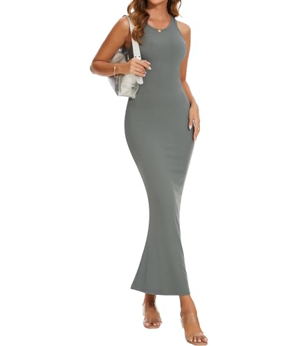 SHAPERIN Damen Tank Langes Kleid Ärmellos Neckholder Figurbetont Maxikleider Elegant Bodycon Tank Dress Lounge Grau+Grün M von SHAPERIN