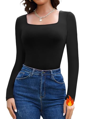 SHAPERIN Damen Thermo Oberteile Elegant Langarmshirt Eckiger Ausschnitt Eng Fleece Unterhemd Dünner Pullover Basic T-Shirt Top, Schwarz, S von SHAPERIN