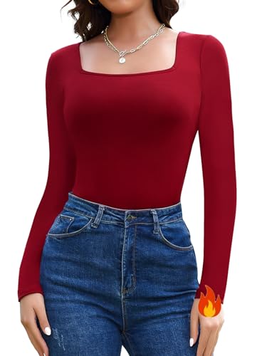 SHAPERIN Damen Thermo Oberteile Elegant Langarmshirt Eckiger Ausschnitt Eng Fleece Unterhemd Dünner Pullover Basic T-Shirt Top, Weinrot, S von SHAPERIN