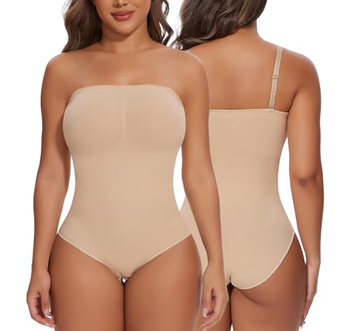 SHAPERIN Damen Trägerloser Shapewear Body Bauchweg Formender Push Up Miederbody Bauchkontrolle Nahtloser Body Shaper, Beige, M von SHAPERIN