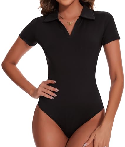 SHAPERIN Damenbody V-Ausschnitt Kurzarm Bodysuit Oberteil Stringbody Schmal Bodysuits Tops Schwarz-Kurzarm S von SHAPERIN