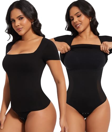 SHAPERIN Figurformend Kurzarm Damen Eckiger Ausschnitt BH-Hemd Shapewear Bauchweg Bodysuit Sommer Top Built In Bra Oberteil Schwarz L von SHAPERIN