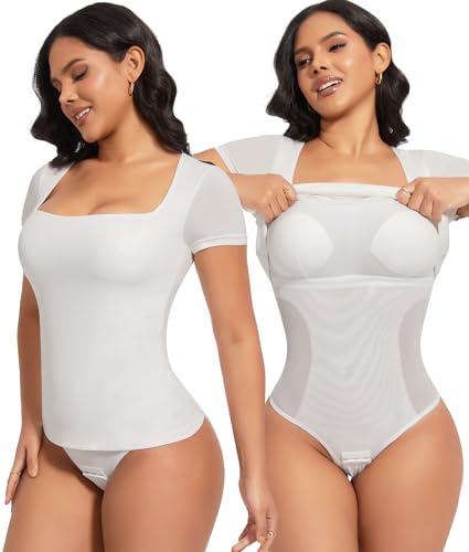 SHAPERIN Figurformend Kurzarm Damen Eckiger Ausschnitt BH-Hemd Shapewear Bauchweg Bodysuit Sommer Top Built In Bra Oberteil Weiß 2XL von SHAPERIN