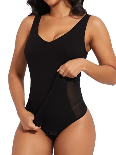 SHAPERIN Formende Bodysuit Damen Bauchweg Body Tanga Tank Top mit Integrierte Shapewear Tummy Control Miederbody, Schwarz, L von SHAPERIN