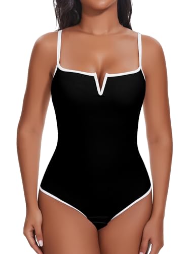 SHAPERIN Formende Bodysuit Damen Bauchweg Miederbody Tanga Push Up Body Shaper Stringbody Shapewear, Schwarz+Weiß, M von SHAPERIN