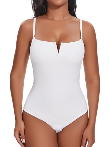 SHAPERIN Formende Bodysuit Damen Bauchweg Miederbody Tanga Push Up Body Shaper Stringbody Shapewear, Weiß-1, L von SHAPERIN
