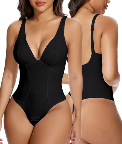 SHAPERIN Formender Bodysuit V-Ausschnitt Shapewear Damen Bauchweg Body Miederbody Tiefer Rücken Body Shaper Verstellbarer Schultergurt Schwarz S von SHAPERIN