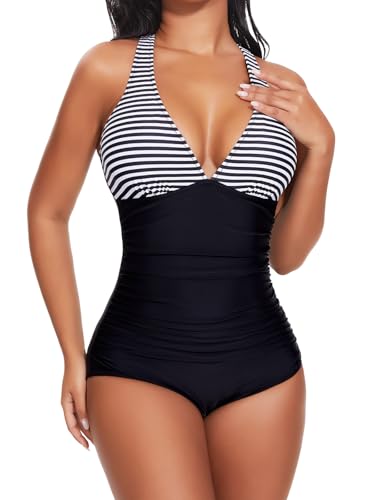 SHAPERIN Gestreifter Badeanzug Damen Bauchweg Einteilige Bademode V-Ausschnitt Monokini Push Up Tummy Control Swimsuit, Gestreiftes, M von SHAPERIN