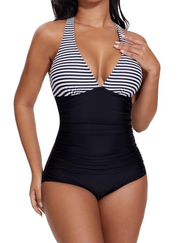 SHAPERIN Gestreifter Badeanzug Damen Bauchweg Einteilige Bademode V-Ausschnitt Monokini Push Up Tummy Control Swimsuit, Gestreiftes, S von SHAPERIN