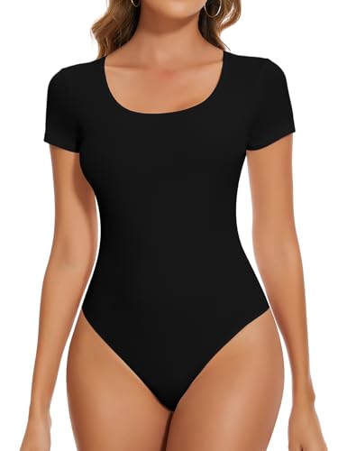 SHAPERIN Kurzarmbody Damen Rundhalsausschnitt Body Gerippte Tshirt Top Bodysuit Tanga Unterziehbody, Schwarz, XL von SHAPERIN