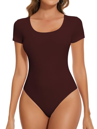 SHAPERIN Kurzarmbody Damen Rundhalsausschnitt Body Gerippte Tshirt Top Bodysuit Tanga Unterziehbody, Weinrot, L von SHAPERIN