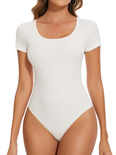 SHAPERIN Kurzarmbody Damen Rundhalsausschnitt Body Gerippte Tshirt Top Bodysuit Tanga Unterziehbody, Weiß, M von SHAPERIN