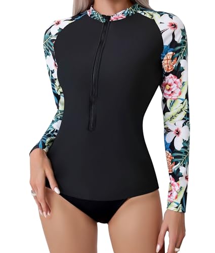 SHAPERIN Rash Guard Shirt Damen UPF 50+ Schwimmshirt Langarm Badeanzug UV-Schutz Shirt für Wasser Surfen Schwimmen Badeshirt Rashguard Schwarz 1# 2XL von SHAPERIN