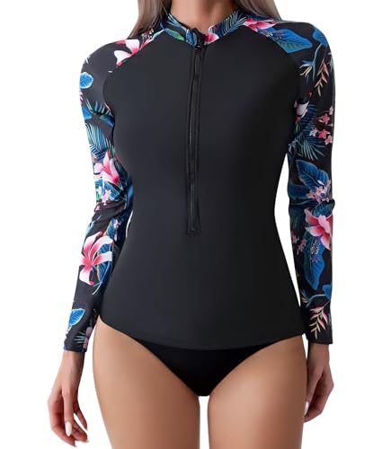 SHAPERIN Rash Guard Shirt Damen UPF 50+ Schwimmshirt Langarm Badeanzug UV-Schutz Shirt für Wasser Surfen Schwimmen Badeshirt Rashguard Schwarz 2# XL von SHAPERIN
