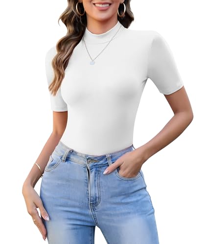 SHAPERIN Rollkragenshirt Damen Kurzarm Stehkragen Pullover Shirt Rollkragen Tops Basic Oberteile für Frühling Herbst und Winter Weiß L von SHAPERIN