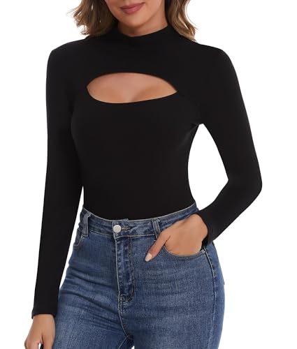 SHAPERIN Rollkragenshirt Damen Langarm Shirt Rollkragen Tops Oberteil mit Cut-Out-Detail für Frühling Herbst Long Sleeve Tshirt Schwarz 1# M von SHAPERIN