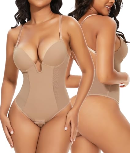 SHAPERIN Rückenfrei Formende Bodysuit Damen Shapewear Bauchweg Body mit Push Up BH Body Shaper Tiefer U Ausschnitt Beige M von SHAPERIN