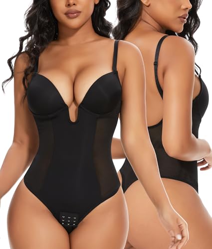 SHAPERIN Rückenfrei Formende Bodysuit Damen Shapewear Bauchweg Body mit Push Up BH Body Shaper Tiefer U Ausschnitt Schwarz XXL von SHAPERIN