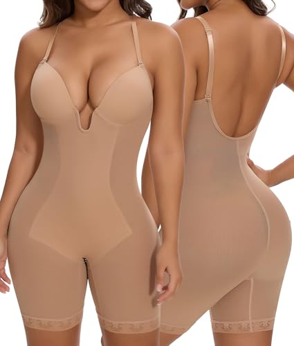 SHAPERIN Rückenfrei Formende Bodysuit Damen Shapewear Bauchweg Body mit Push Up BH Full Body Shaper Tiefer U Ausschnitt Beige 1# L von SHAPERIN