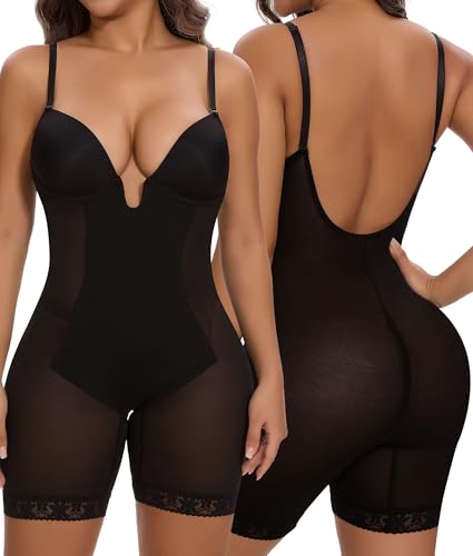 SHAPERIN Rückenfrei Formende Bodysuit Damen Shapewear Bauchweg Body mit Push Up BH Full Body Shaper Tiefer U Ausschnitt Schwarz 1# XL von SHAPERIN