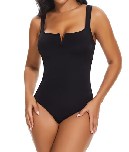 SHAPERIN Shapewear Bauchweg Damen Notch Ausschnitt Tanktop Formende Bodys Miederbody Body Shaper Tanga Schwarz L von SHAPERIN