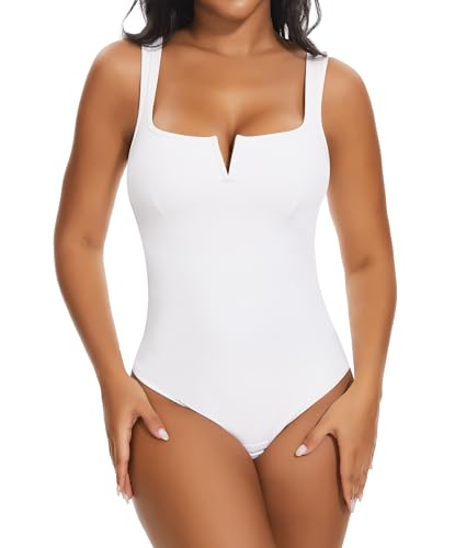 SHAPERIN Shapewear Bauchweg Damen Notch Ausschnitt Tanktop Formende Bodys Miederbody Body Shaper Tanga Weiß 2XL von SHAPERIN