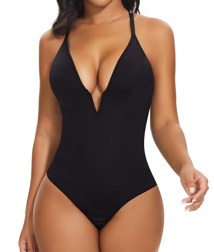 SHAPERIN Shapewear Damen Bauchweg Bodysuit Figurformend Body Shaper Tiefer V-Ausschnitt Shaping Unterwäsche Miederbody Tanga Schwarz S von SHAPERIN