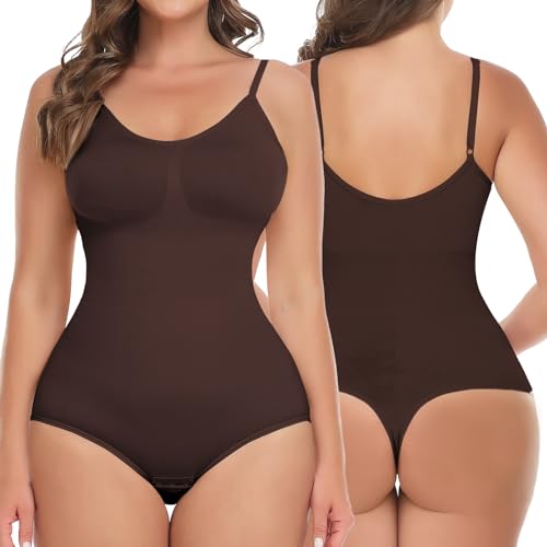 SHAPERIN Shapewear Damen Bauchweg Bodysuits Figurenformend Tanga Body Shaper Thong Formende Miederbody Braun-Tanga 2XL von SHAPERIN