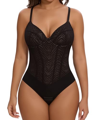 SHAPERIN Shapewear Damen Body Bauchweg Rückenfrei Formende Bodysuit Sptize Korsett Shapewear Stringbody mit Verstellbarer Schultergurt Schwarz XL von SHAPERIN