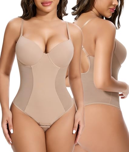 SHAPERIN Shapewear Damen Body Mit BH Push Up Figurformender Bodysuit Rückenfrei Bodys Baucheweg Shape Body Verstellbarer Schultergurt Beige M von SHAPERIN