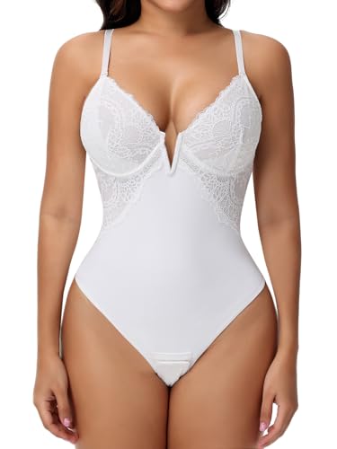 SHAPERIN Shapewear Damen Body mit Spitze Formender Body Bauchweg mit Bügel BH Figurformende Body Tanga V-Ausschnitt, Weiß, XL SHAPERIN Shapewear Damen Body mit Spitze Formender Body Bauchweg mit Bügel BH Figurformende Body Tanga V-Ausschnitt, Weiß, XL von SHAPERIN