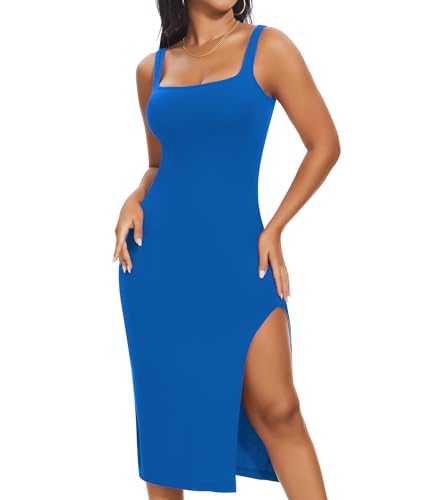 SHAPERIN Shapewear Slip Kleid Damen Bodycon Kleider mit Schlitz Bauchweg Formende Midi Kleid Blau M von SHAPERIN