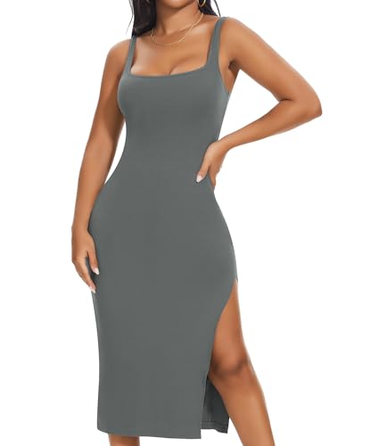 SHAPERIN Shapewear Slip Kleid Damen Bodycon Kleider mit Schlitz Bauchweg Formende Midi Kleid Grau+Grün XL von SHAPERIN