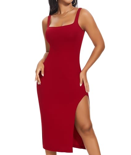 SHAPERIN Shapewear Slip Kleid Damen Bodycon Kleider mit Schlitz Bauchweg Formende Midi Kleid Rot S von SHAPERIN