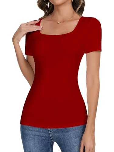 SHAPERIN Tshirt Damen Kurzarm Basic Geripptes Top Eckiger Ausschnitt Oberteil Eng Sommer T-Shirts Unterhemd, Rot, M von SHAPERIN