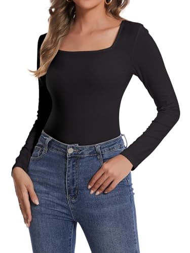 SHAPERIN Damen Oberteil Eckiger Ausschnitt Langarm Unterhemd Langarmshirt Elegant Bluse Einfarbige T-Shirt Top, Schwarz, XXL von SHAPERIN