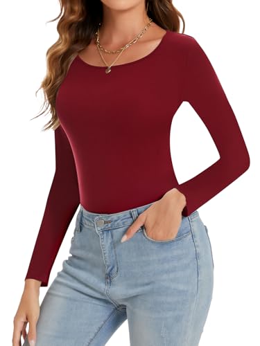 SHAPERIN Oberteile Damen Langarm Eng Langarmshirt Rundhals Einfarbige T-Shirts Lässige Blusen Top, Weinrot, L von SHAPERIN