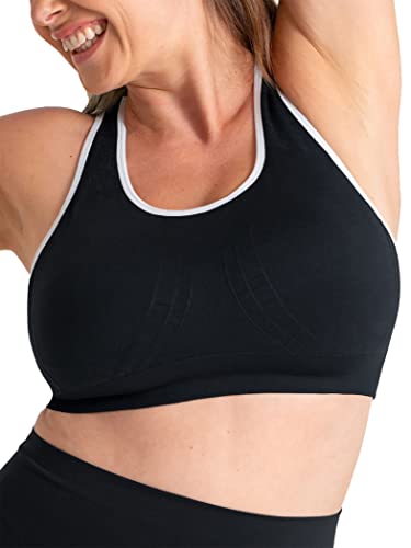 SHAPERMINT Nahtloser Racerback kabelloser Sport-BH für Damen mit abnehmbaren Cups | niedrige Kompression Damen Workout-Tops, Schwarz mit weißem Rand, Medium von SHAPERMINT