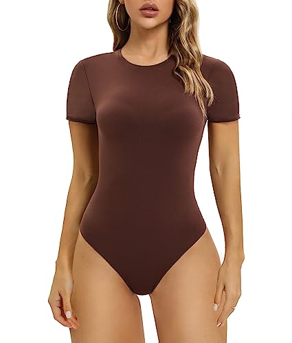 SHAPERX Body Damen Bodysuit Hoher Elastizität Kurzarm Top Rundhals T-Shirt Tanga, UK-SZ5249-2-Cocoa-L von SHAPERX