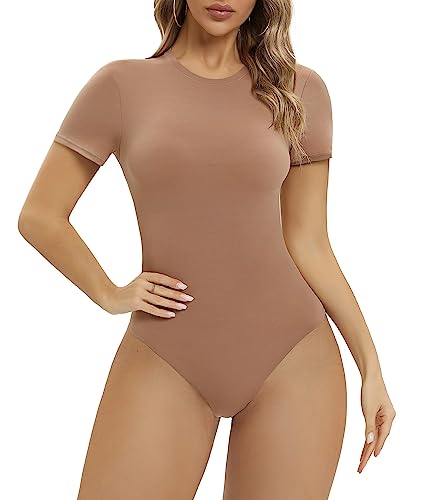 SHAPERX Body Damen Bodysuit Hoher Elastizität Kurzarm Top Rundhals T-Shirt Tanga, UK-SZ5249-2-Sienna-XS von SHAPERX